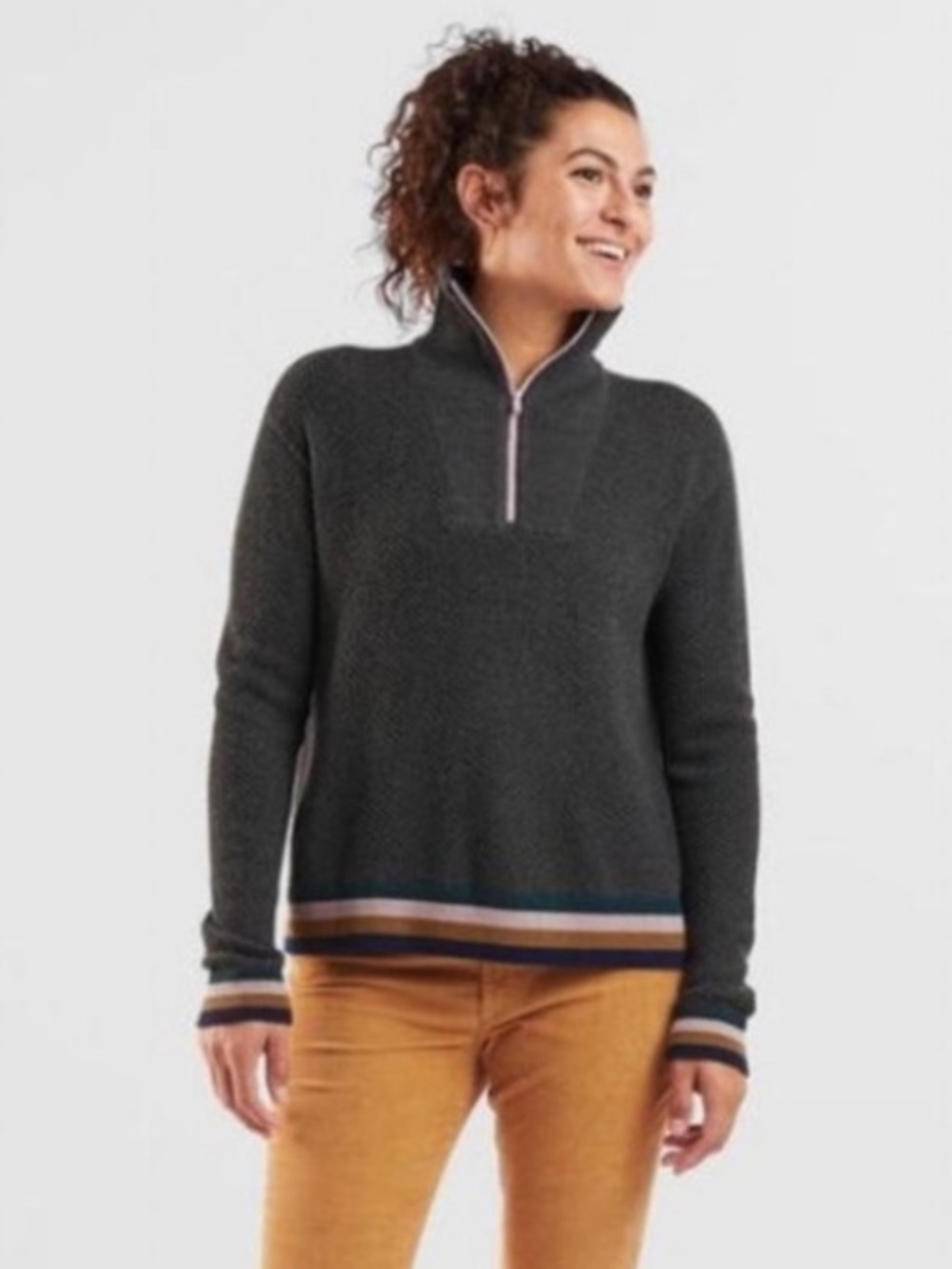 Title Nine Woolicious Waffle Knit Quarter Zip Gray Multicolor Trim Sweater Small